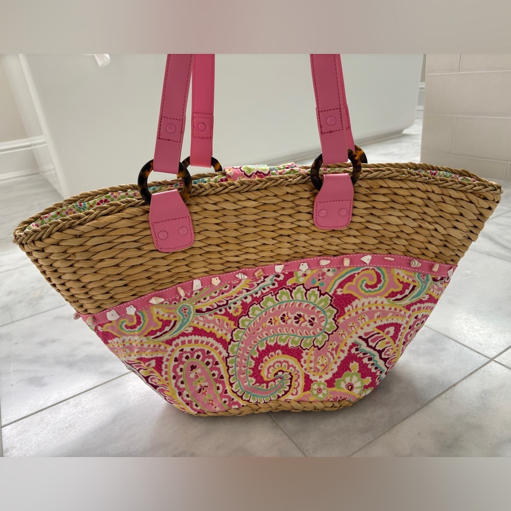 Vera Bradley Pink Paisley Wicker Straw Large Tote Beach Bag - Picture 2 of 4